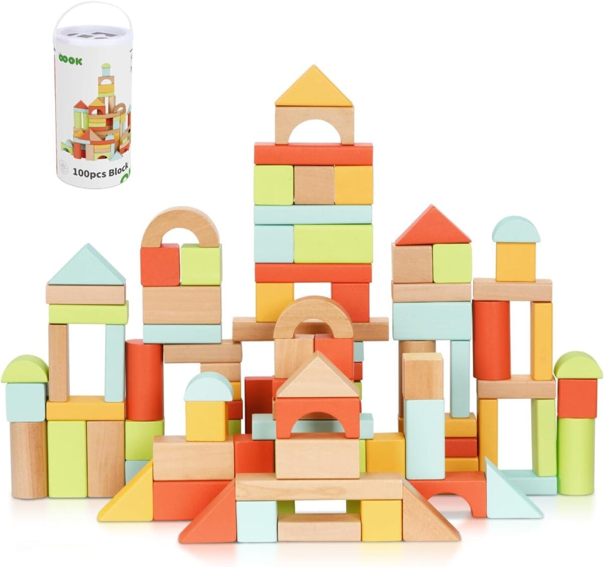 100pcs Building Blocks for Toddlers 1-3, Wooden Blocks for Kids with Storage Bucket and Shape Sorter Lid, Montessori Toys for 1 2 3 Year Old, Learning Toys for Preschool Girls and Boys