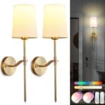Wall Lights Battery Operated Wall Sconces Set of 2, Gold Rechargeable Wall Sconce with 15 RGB Dimmable Detachable Bulbs and Remote, Wireless Battery Powered Wall Lamp for Living Room Bedroom