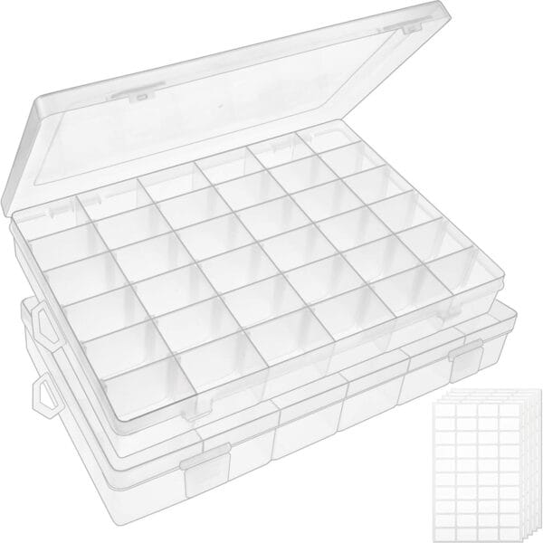 OUTUXED 2 Pack 36 Grids Clear Plastic Bead Organizer Box, Fishing Tackle Box Compartment Organizer with Adjustable Dividers for Jewelry, Art Craft, Bead Storage Containers with 5 Sheets Label Stickers