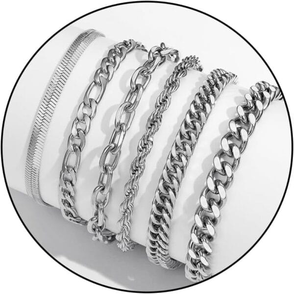 Zocomi 6 Pcs Chain Bracelet for Men Women - Stainless Steel Cuban Curb Link Rope Paperclip Figaro Herringbone Chain Bracelets Set Jewelry Gifts for Man Woman Boys 6.5/7/7.5/8.3/9/9.5 Inches