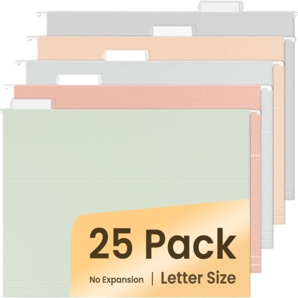 SUNEE 25 Count Hanging File Folders, Pastel Colors, Hanging File Folders Letter Size, Hanging Folders with 1/5-cut Tabs, Designed for Bulky Files, Filing Cabinets, Medical Charts