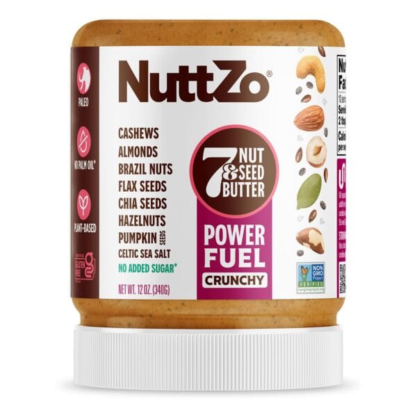 NuttZo Natural Power Fuel Crunchy 7 Nuts & Seeds Butter | Paleo and Keto Friendly | Peanut & Gluten Free, Kosher, No Added Sugar or Oil | 12 oz Jar