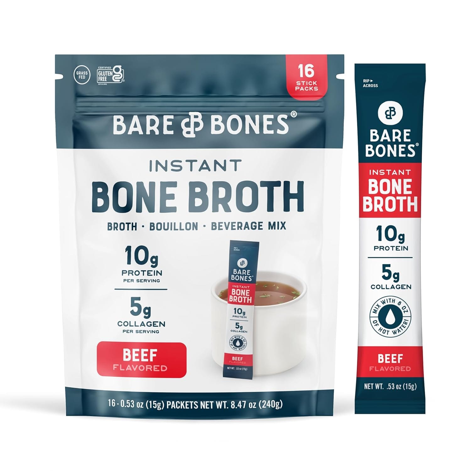 Bare Bones Beef Bone Broth Instant Powdered Mix | Rich Savory Packets On The Go No Artificial Flavors | Keto & Paleo Friendly | 10g Protein | 16 Pack Bare Bones Beef Bone Broth Instant Powdered Mix | Rich Savory Packets on-the-Go No Artificial Flavors | Keto & Paleo Friendly | 10g Protein | 16 Pack