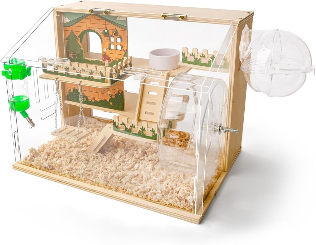 11 in 1 Wooden Hamster Cage with All Accessories, 15.8 Inch 3-Layer Dwarf Hamster Cage Acrylic,Small Animal Cages, Pastoral Style Mouse Cage for Pet Mice, Hedgehog, with Stairs, Fences and Swing