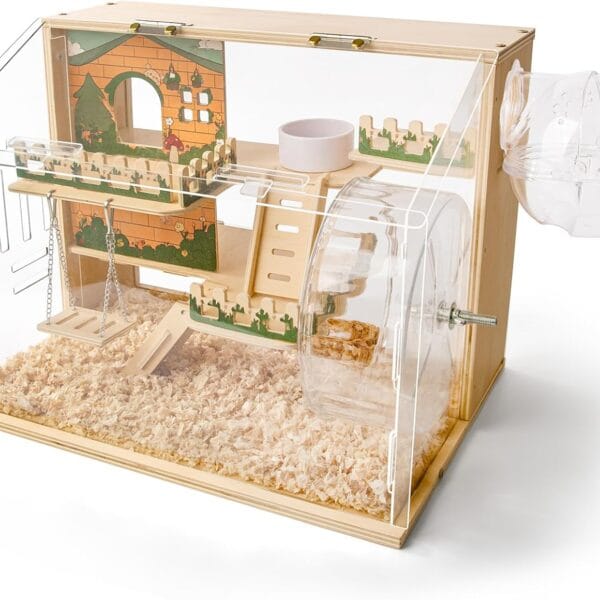 11 in 1 Wooden Hamster Cage with All Accessories, 15.8 Inch 3-Layer Dwarf Hamster Cage Acrylic,Small Animal Cages, Pastoral Style Mouse Cage for Pet Mice, Hedgehog, with Stairs, Fences and Swing
