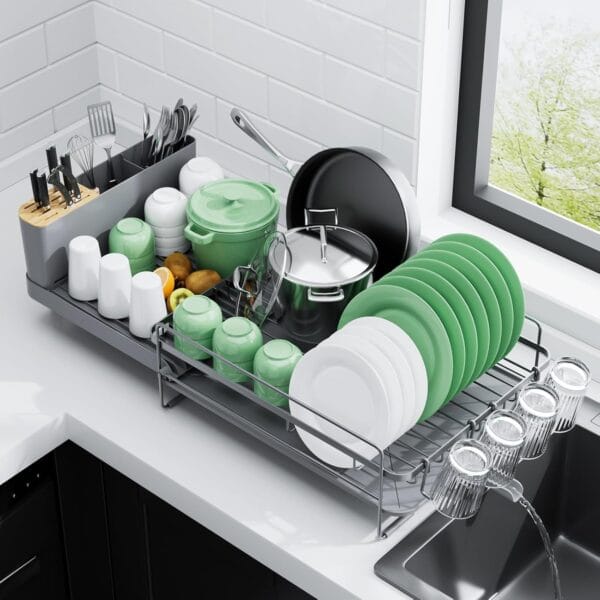 Kitsure Large Dish Drying Rack - Extendable Dish Rack, Multifunctional Dish Rack for Kitchen Counter, Anti-Rust Dish Drainers with Cutlery & Cup Holders 19.2"-26.7" L x 12.9" W, Grey