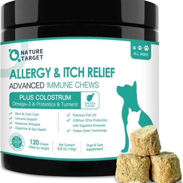 Dog Allergy Relief Freeze Dried Chews, with Probiotics, Colostrum for Immune Health, Anti Itch & Seasonal Allergies & Scratching, Omega 3 for Skin & Coat Health, Stop Pawlicking, Hot Spots, Shedding