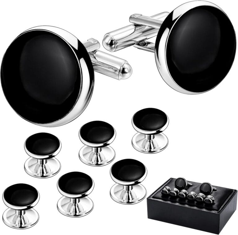 HAWSON Mens Cufflinks and Tuxedo Studs Set with Gift Box; Mens Jewelry or Accessories Suitable for Black Suit White Shirts Vest and Red Bow tie on Wedding or Anniversary and Birthday