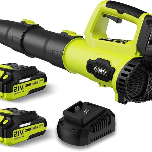 Leaf Blower, 21V Cordless Electric Blower with 2 2.0Ah Batteries and 1 Hour Fast Charger, Lightweight Leaf Blower for Patio Cleaning, Lawn Care, Blowing Fallen Leaves and Dust, etc.