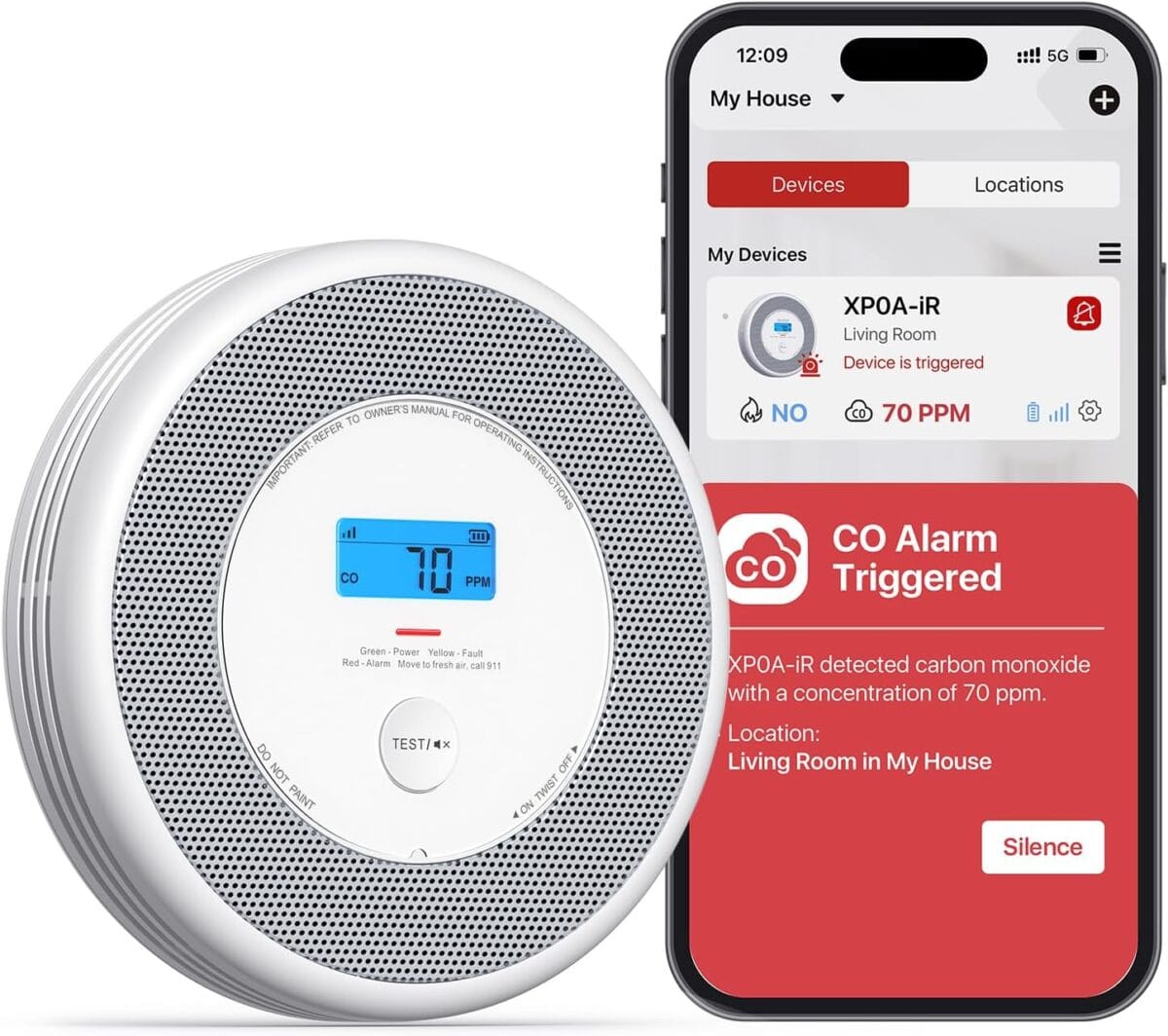 X-Sense Smart Smoke Detector and Carbon Monoxide Detector with Voice Location, Wi-Fi Smoke Detector Carbon Monoxide Detector Combo with Real-Time App Notifications, XP0A-iR, 1-Pack