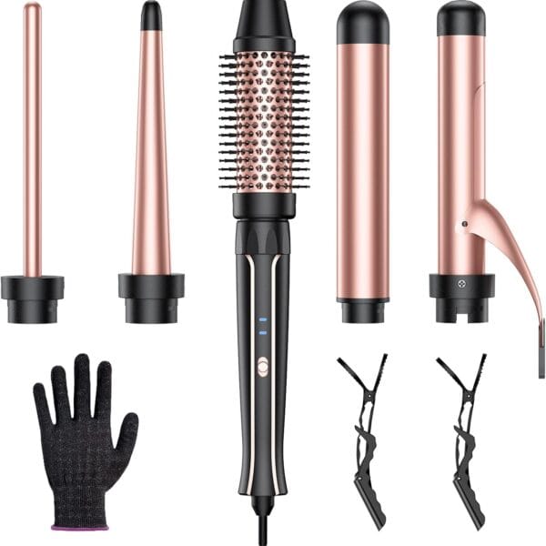 5 in 1 Curling Iron Set-Instant Heat Hair Curling Wand Set with Curling Brush,4 Interchangeable Ceramic Wands (0.35-1.25) and Heat Protective Glove & 2 Clips for Girls and Women