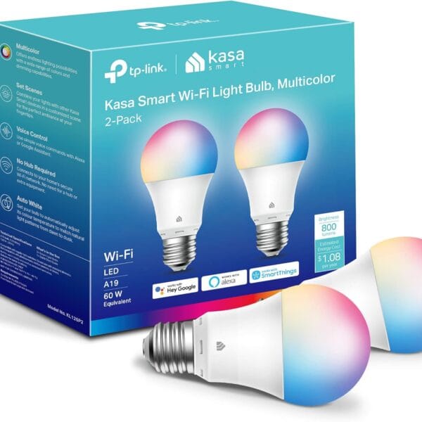 Kasa Smart Light Bulbs, Full Color Changing Dimmable Smart WiFi Bulbs Compatible with Alexa and Google Home, A19, 60 W 800 Lumens,2.4Ghz only, No Hub Required, 2-Pack (KL125P2), Multicolor