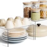 Clear Acrylic Kitchen Cabinet Risers Set of 2 - Anti-Slip Stackable Shelf Organizers, Space Saving Shelves for Counter Display & Spice Organization