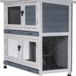 2 Story Solid Wood Rabbit/Bunny Hutch with 2 Large Main Rooms, Indoor Outdoor Rabbit House Guinea Pig Cage Pet House for Small Animals with Ventilation Door Removable Tray Waterproof Roof (Grey)