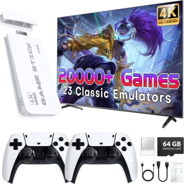 Wireless Retro Game Stick, 64GB Game Console Built-in 23 Emulators with 20,000+ Classic Games, Support 4k HDMI Output, Upgraded Dual 2.4G Wireless Controllers, Plug & Play TV Video Gaming Stick