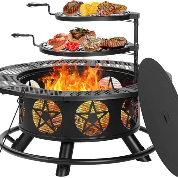 36 Inch Fire Pit with 2 Grills, Wood Burning Fire Pits for Outside with Lid & Poker, BBQ& Outdoor Firepit & Round Metal Table 3 in 1 for Patio, Picnic, Party