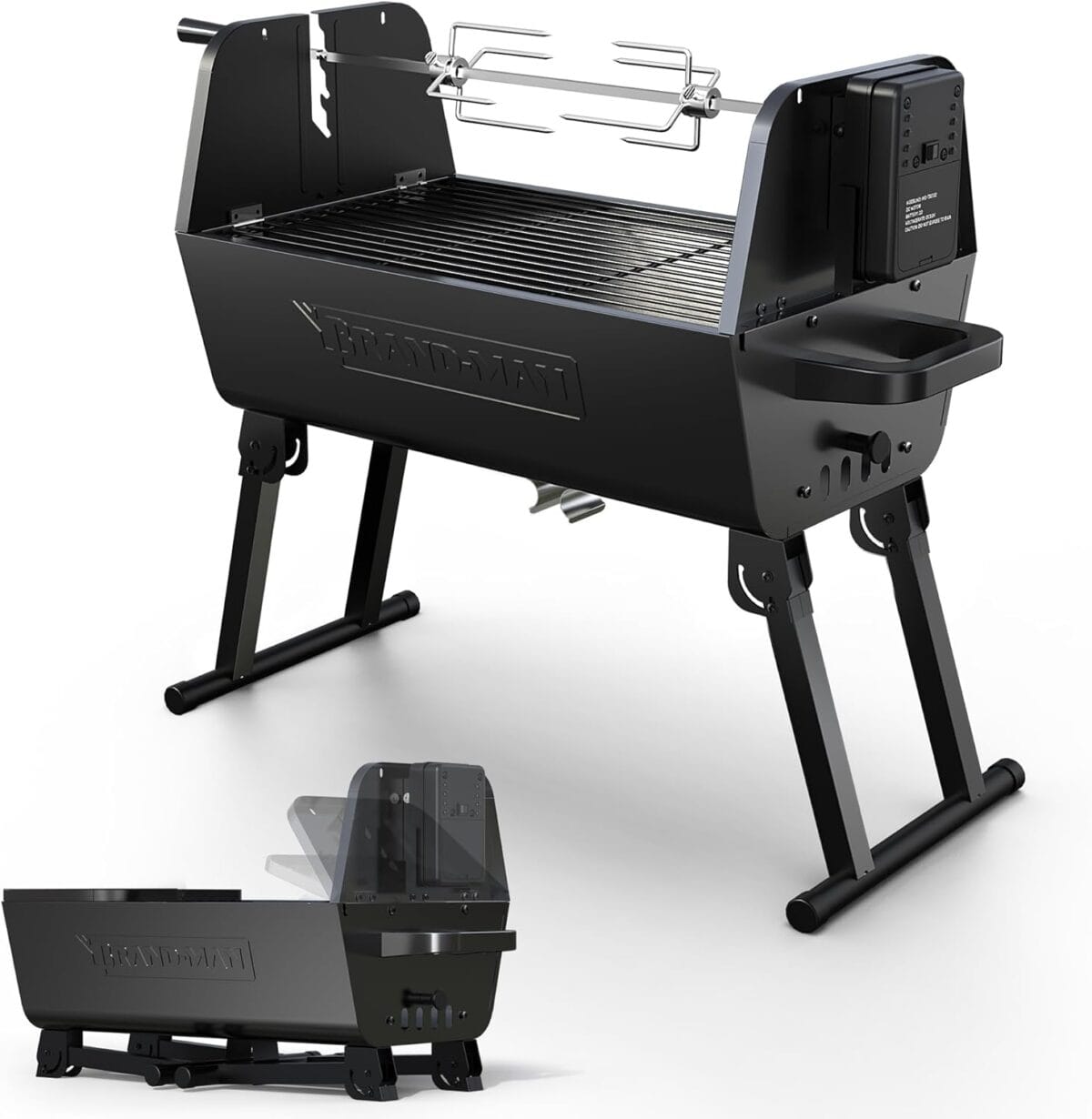 Brand-Man Portable Charcoal Grill with Motor, 2-in-1 BBQ Grill & Spit Roaster, Foldable Outdoor Camping Grill, Tailgating Barbecue, Backyard Cooking, Adjustable Height, Dual Vents