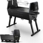 Brand-Man Portable Charcoal Grill with Motor, 2-in-1 BBQ Grill & Spit Roaster, Foldable Outdoor Camping Grill, Tailgating Barbecue, Backyard Cooking, Adjustable Height, Dual Vents