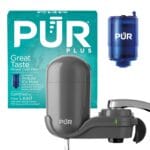 PUR PLUS Vertical Faucet Mount Water Filtration System with 3-in-1 Lead Reducing Filter for Great-Tasting Filtered Tap Water, Lasts 100 Gallons, Fits Most Kitchen or Bathroom Faucets, Grey
