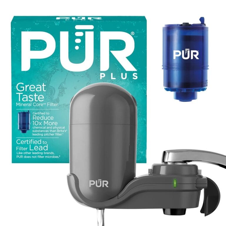PUR PLUS Vertical Faucet Mount Water Filtration System with 3-in-1 Lead Reducing Filter for Great-Tasting Filtered Tap Water, Lasts 100 Gallons, Fits Most Kitchen or Bathroom Faucets, Grey