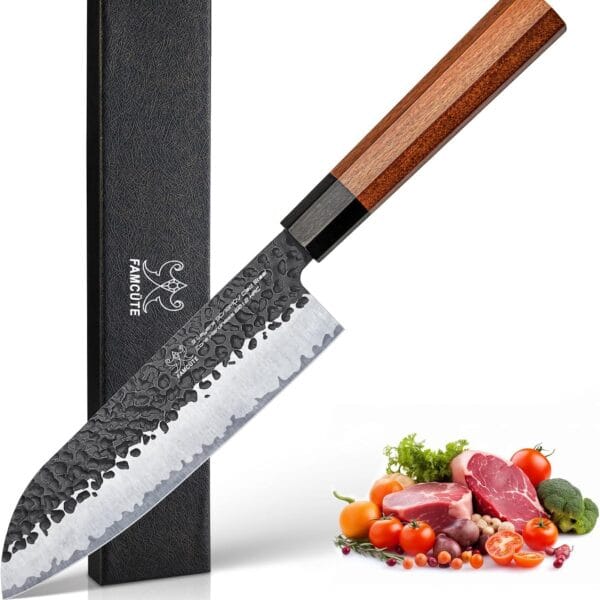 Santoku Knife 7 inch, Hand Forged 5 Layers 9CR18MOV High Carbon Steel Professional Kitchen Knife, Ultra Sharp Rosewood Handle Japanese Sushi Knife As a Thoughtful Birthday Gifts for Mom/Dad