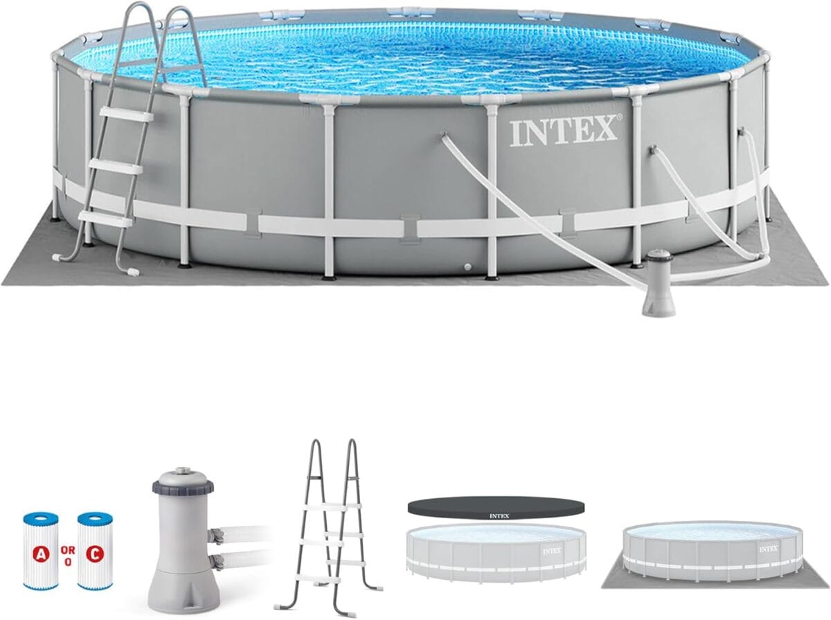 Intex 26723EH Prism Frame Premium Above Ground Swimming Pool Set: 15ft x 42in  Includes 1000 GPH Cartridge Filter Pump  Removable Ladder  Pool Cover  Ground Cloth