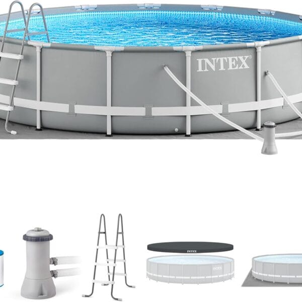Intex 26723EH Prism Frame Premium Above Ground Swimming Pool Set: 15ft x 42in  Includes 1000 GPH Cartridge Filter Pump  Removable Ladder  Pool Cover  Ground Cloth