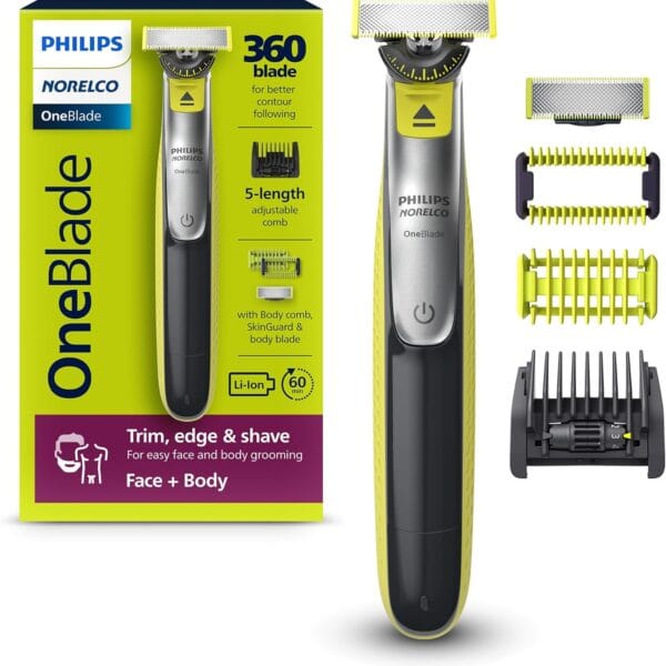 Philips Norelco OneBlade 360 Hybrid Face + Body, Electric Beard Trimmer, Shaver and Body Groomer, with 360 Blade Technology, 1x 360 Blade for Face, 5in1 Adjustable Comb, 1x Body Kit, Model QP2834/70