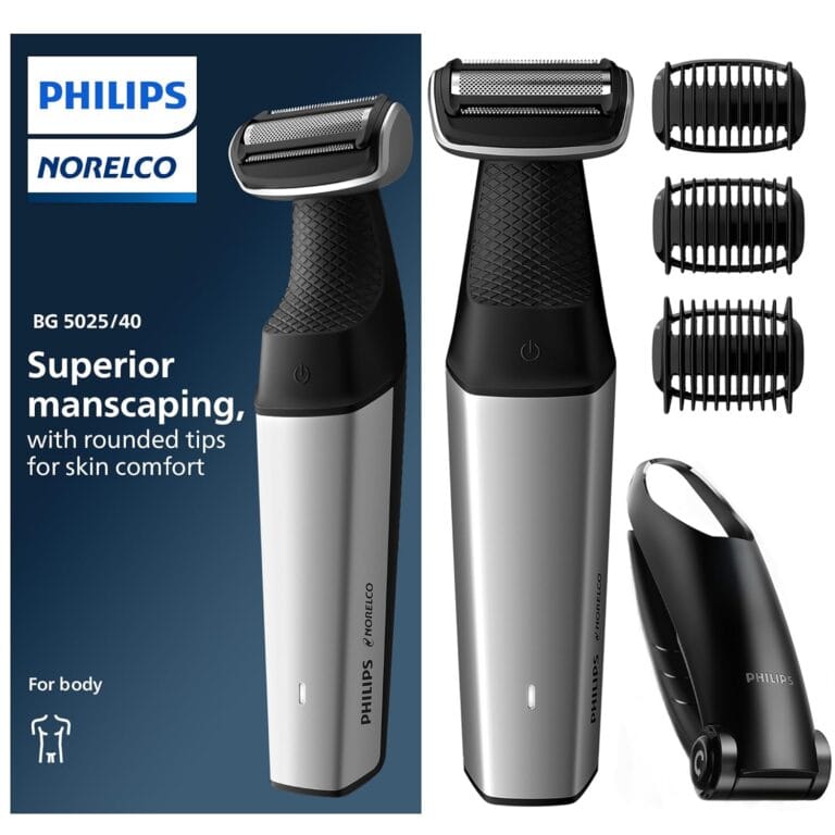 Philips Bodygroom Series 5000, Showerproof Groin and Body Trimmer, Close and Comfortable Shave, Complete Body Grooming Including Back, 60 Min. Runtime, Model BG5025/40