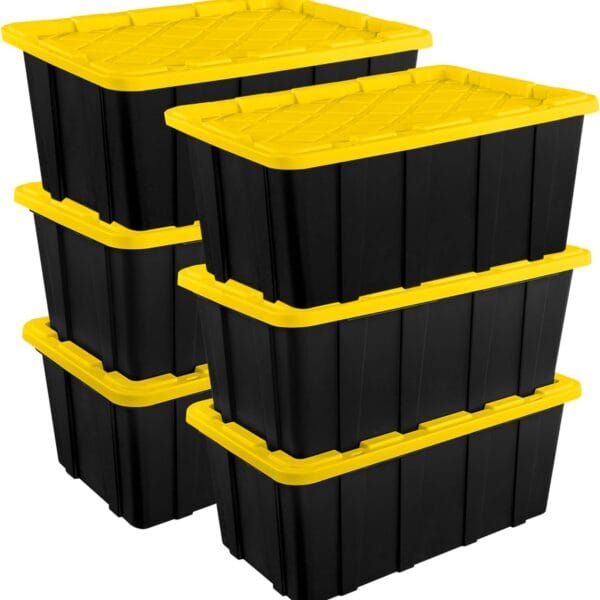 Sterilite 6-Pack Stackable Storage Bins, Heavy Duty Totes w/ Lids, 27 Gallon, Black/Yellow