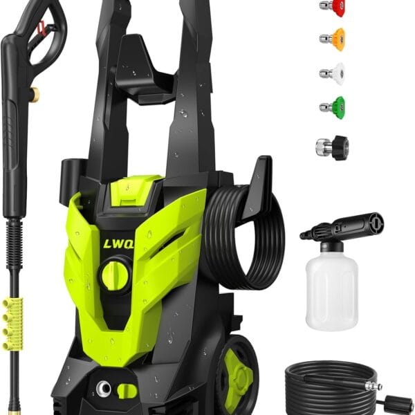 Electric Pressure Washer, 2.5 GPM Power Washer with 4 Quick Connect Nozzles, High Pressure Cleaning Machine with Foam Cannon for Cars/Fences/Driveways/Patios/Home Cleaning (Green)