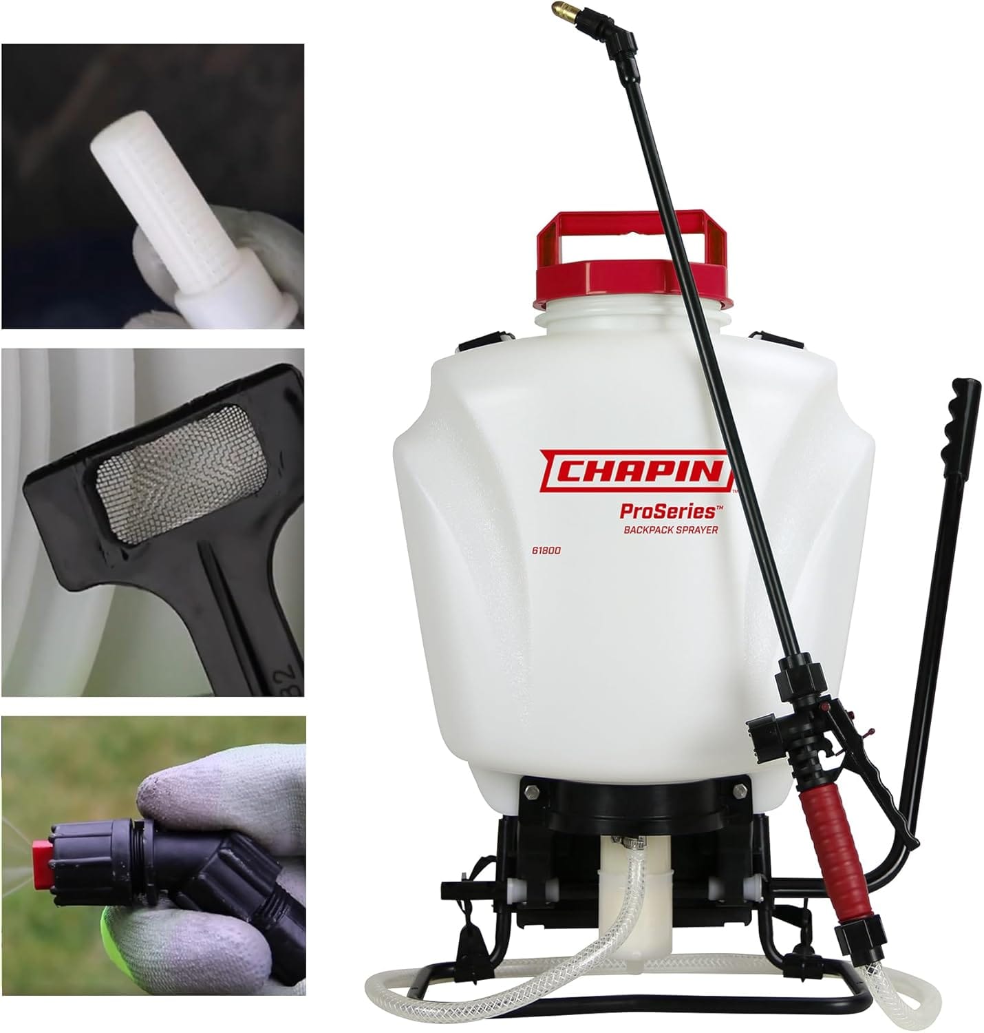 Chapin 61800 4 Gallon Made In USA Professional Backpack Sprayer With Brass Adjustable And Poly Fan/Cone Nozzles, Cushion Grip Shut Off, 3 Stage Filtration System, Translucent White Chapin 61800 4-Gallon Made in USA Professional Backpack Sprayer with Brass Adjustable and Poly Fan/Cone Nozzles, Cushion Grip Shut-Off, 3-Stage Filtration System, Translucent White