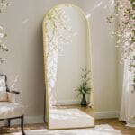 DUMOS Arched Full Length Mirror with Stand 64"x21" Floor Standing Aluminum Frame for Bedroom Body Hanging Leaning Modern Simple Home Decor Shatter-proorf Nano Glass Wall Living Room Cloakroom Gold