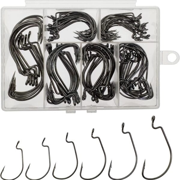 Worm Hooks for Bass Fishing Hooks, 110pcs Bass Hooks Fishing, 6 Sizes Fishing Hooks Freshwater, Eagle Claw Hooks #1 1/0 2/0 3/0 4/0 5/0 Black High Carbon Steel with Portable Plastic Box