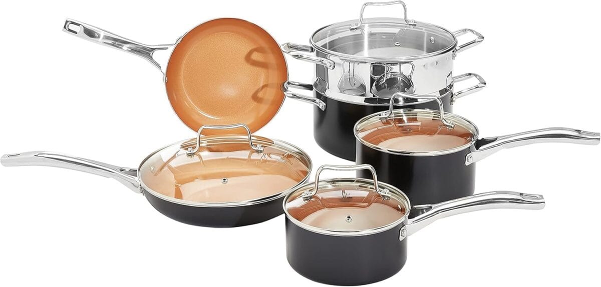 Amazon Basics Ceramic Nonstick Pots and Pans Cookware Set, Non-Toxic, 10-Piece Set- Copper Color