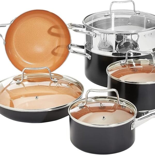 Amazon Basics Ceramic Nonstick Pots and Pans Cookware Set, Non-Toxic, 10-Piece Set- Copper Color