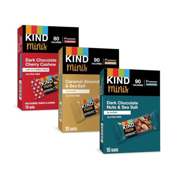 KIND Bar Minis, Variety Pack, Dark Chocolate Nuts and Sea Salt, Caramel Almond Sea Salt, Dark Chocolate Cherry Cashew Healthy Snacks, Gluten Free, Low Calorie Snacks, Low Sugar, 30 Count