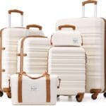 LONG VACATION 6 Piece Luggage Set Carry on Suitcase with ABS+PC hardshell, Spinner Wheels & YKK Zipper TSA Lock (WHITE-BROWN, 6 piece set)