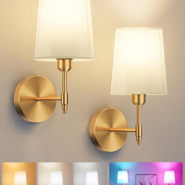 Ouyulong Battery Operated Wall Sconces Set of 2, Wireless Rechargeable Dimmable Wall Light with 5600mAh RGB Bulb and Remote for Bedroom, Living Room, Hallway (Gold)
