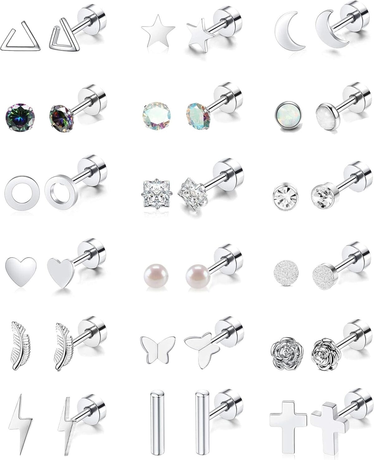 18 Pairs Stainless Steel Stud Earrings Set for Women Men Star Moon flower Heart Leaf Opal 20G Cartilage Earrings Hypoallergenic Flatback Earrings Piercing Jewelry