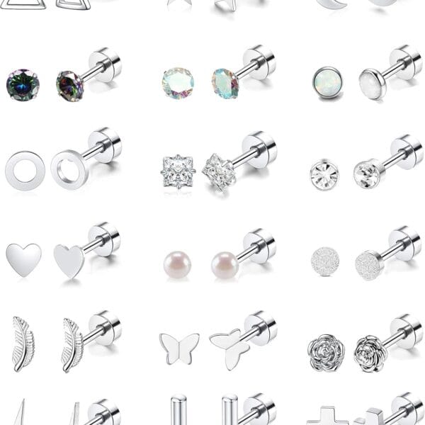 18 Pairs Stainless Steel Stud Earrings Set for Women Men Star Moon flower Heart Leaf Opal 20G Cartilage Earrings Hypoallergenic Flatback Earrings Piercing Jewelry