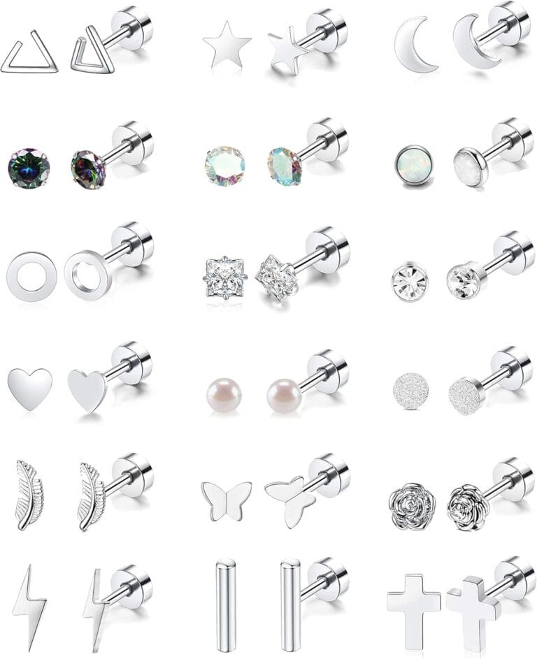 18 Pairs Stainless Steel Stud Earrings Set for Women Men Star Moon flower Heart Leaf Opal 20G Cartilage Earrings Hypoallergenic Flatback Earrings Piercing Jewelry