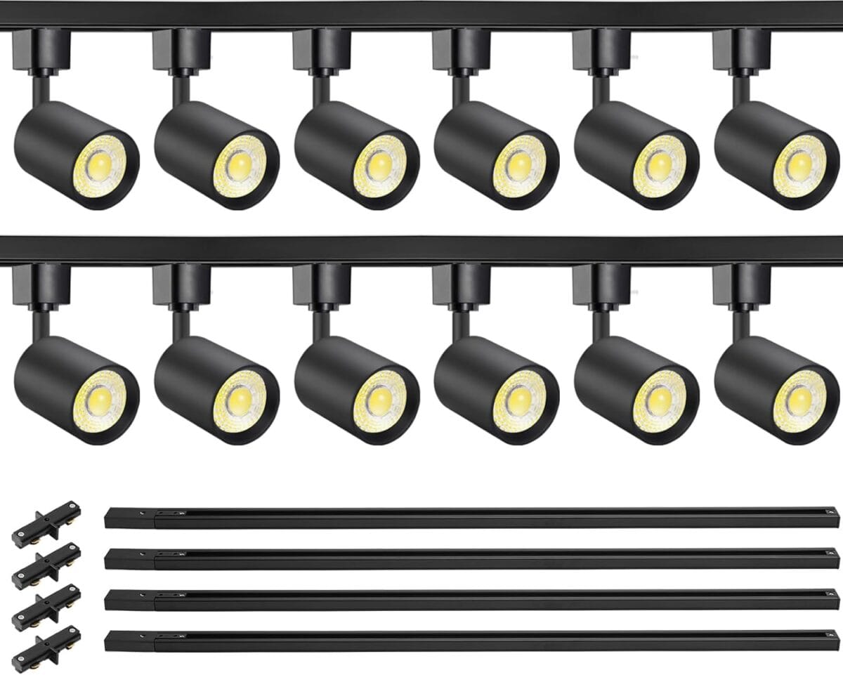 VANoopee 12-Light LED Track Lighting Kit with 13FT H Type Track Lighting Rail, Dimmable LED Track Light Heads Modern Kitchen Track Lighting Fixtures Ceiling Spot Light 3000K 24 CRI90+ 10W 800lm Black