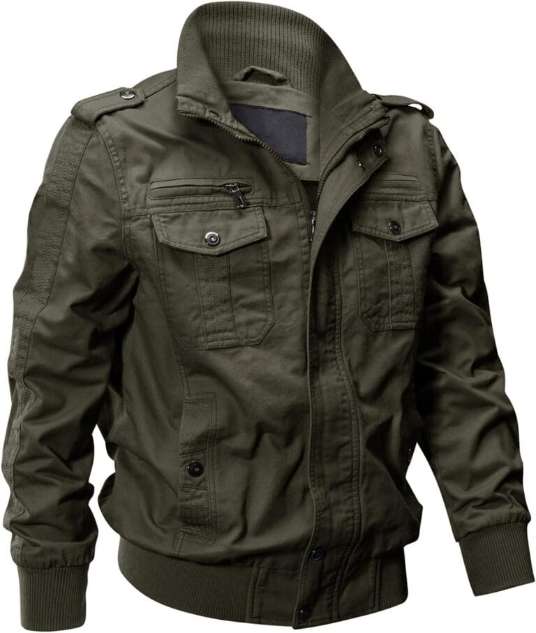 EKLENTSON Men's Cotton Lightweight Multi Pockets Zip Front Stand Collar Military Jackets Windbreaker