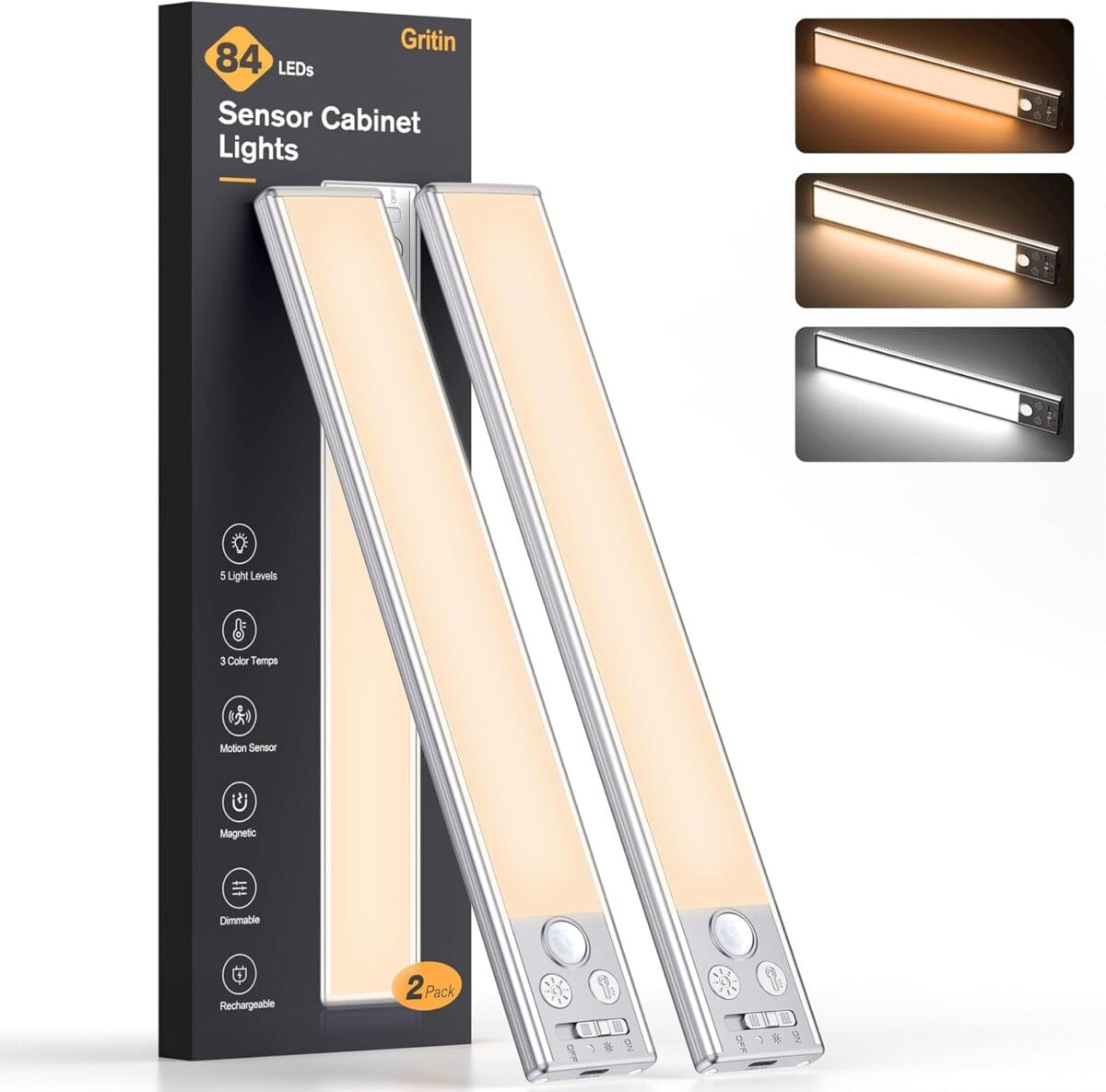 Gritin Under Cabinet Lighting 2 Pack-Motion Sensor,Rechargeable,84 LED Super Bright,3-Color & 5-Brightness,4 Scene Modes,1800 mAh Long Lasting-Easy Installation Magnetic Under Cabinet Closet Lights