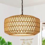 Farmhouse Chandelier Light Fixture, 5-Light Rattan Boho Chandeliers for Dining Room, Hand Woven Pendant Light with Linen Shade, Rustic Hanging Lighting for Kitchen Island, Bedroom (Bulb Not Included)