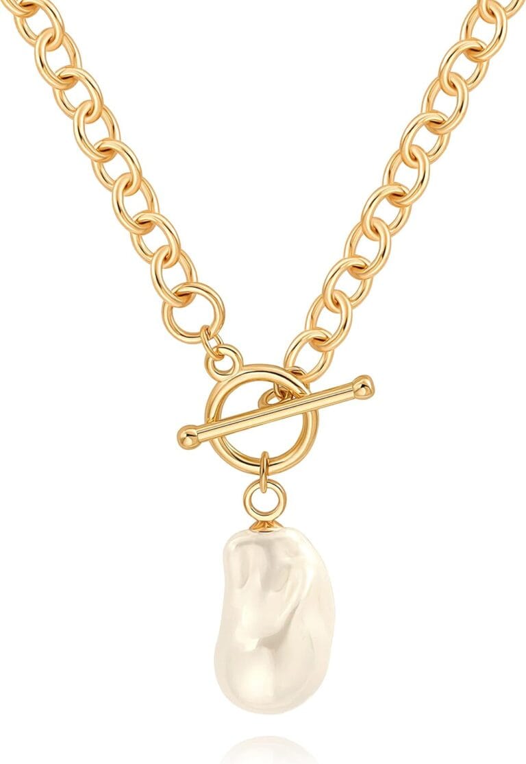18k Gold Chain Link Necklace for Women, Baroque Pearl/Compass Pendant Necklace