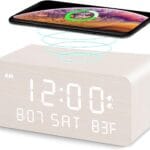 Andoolex Wooden Digital Alarm Clock with Wireless Charging, 0-100% Adjustable Brightness Dimmer and Volume, Weekday/Weekend Mode, Dual Alarm, Snooze, 12/24H, Wood LED Clock for Bedroom (White)