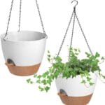 Hanging Planters for Indoor Outdoor Plants, 2 Pack Self Watering Hanging Pot with Drainage Holes & Removable Tray (White, 8'')