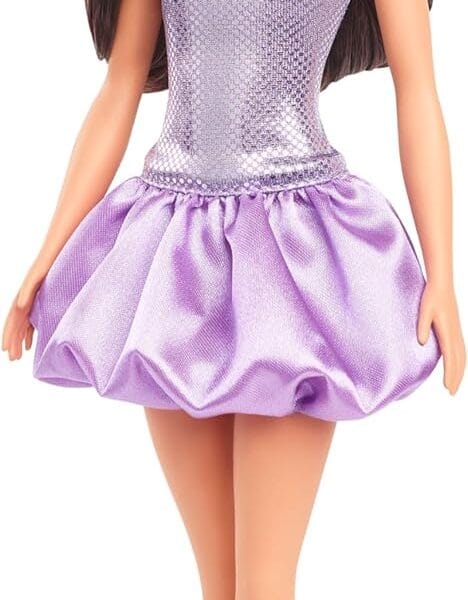 Barbie Fashionistas Doll #234 with Brown Hair, Wearing Sequined Purple Bubble Dress with Satiny Skirt, Silvery Necklace and Heels